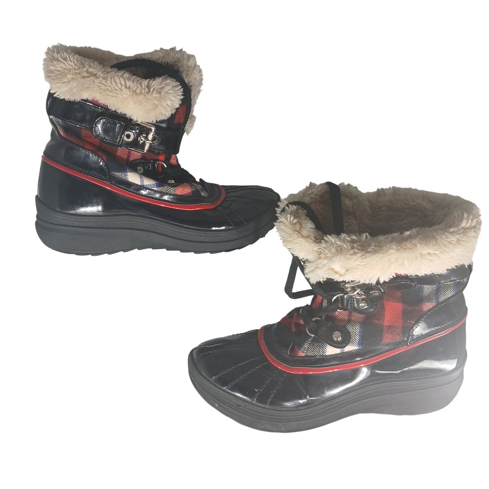 Anne Klein Sport AKGALLUP Womens Black Plaid Faux Fur Duck Boots Size 8.5M
